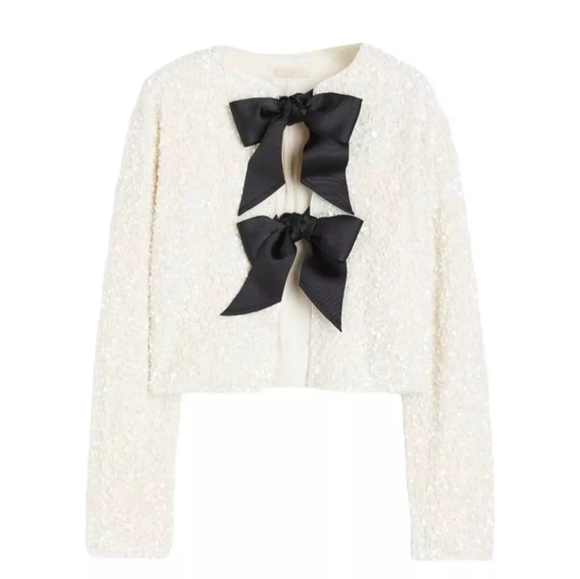 ❤️H&M White Bow Tie-Front Sequin Jacket Cardigan Top With Ribbon Viral New - Picture 5 of 6